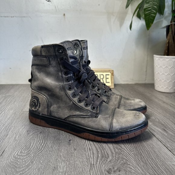 Diesel Gray Distressed Leather Basket Butch Lace Up Mens Boots SZ 8 NO ZIPPERS
